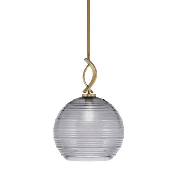 Unbranded Olympia 1-Light Stem Hung New Age Brass, Mini Pendant-Light with Smoke Ribbed Clear Glass Shade, No Bulb Included