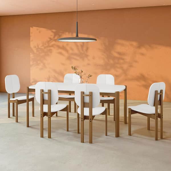 Manhattan Comfort Gales 7-Piece Mid-Century Modern Rectangle Matte White MDF Wood Top Dining Room Set Seats 6