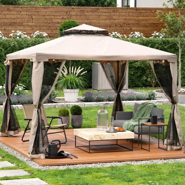 9.6 ft. x 9.6 ft. Taupe Patio Gazebo, Outdoor Canopy Shelter with 2-Tier Roof and Netting, Steel Frame for Backyard