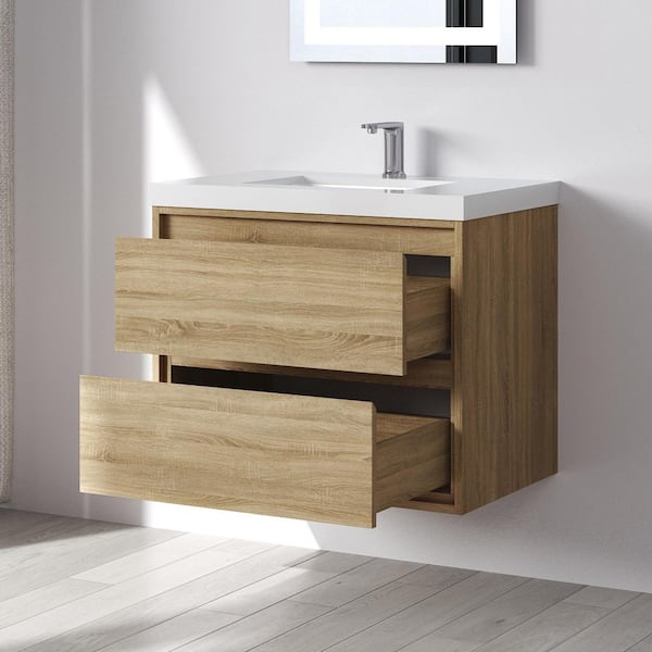 Purus 30 in. W Single Sink Wall Mounted Bath Vanity in Natural Oak with White Cultured Marble Top