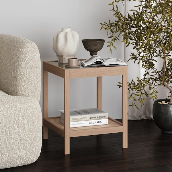 Nathan James Hayes 18 in. Bohemian Raw Oak Square Glass End Table with Rattan Storage and Solid Wood Frame