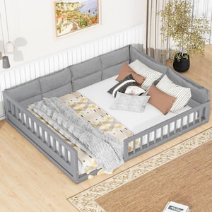 Gray Wood Frame Full Size Upholstered Floor Bed, Platform Bed with Guardrail and Pillow