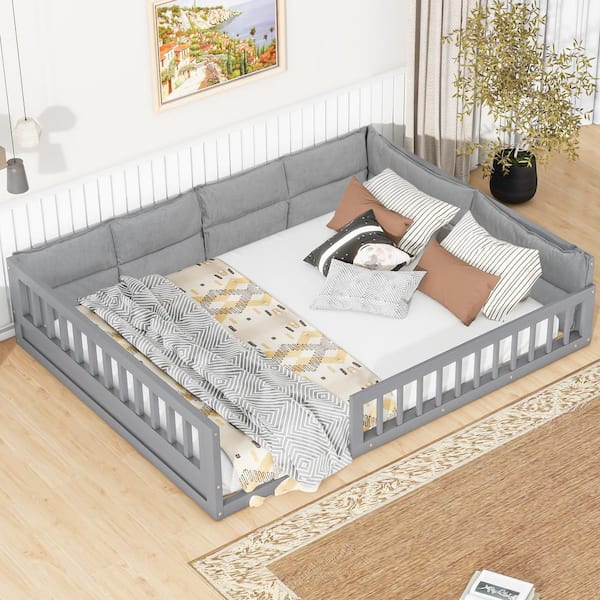 Harper & Bright Designs Gray Wood Frame Full Size Upholstered Floor Bed, Platform Bed with Guardrail and Pillow