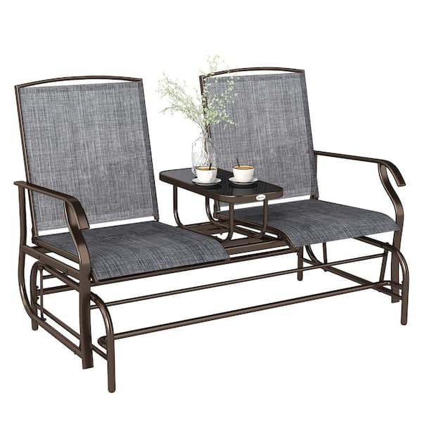 1-Piece 2-Person Brown Steel Outdoor Glider Swing w/ Center Coffee Table, Sling-Mesh Seats and 726lbs Capacity for Patio