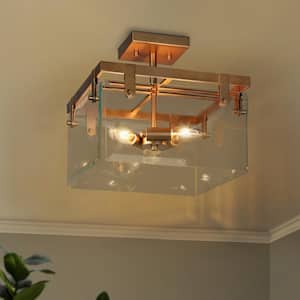 12.5 in. 3-Light Dark Gold Semi-Flush Mount Light with Clear Glass Panels, Modern Ceiling Light for Bedroom