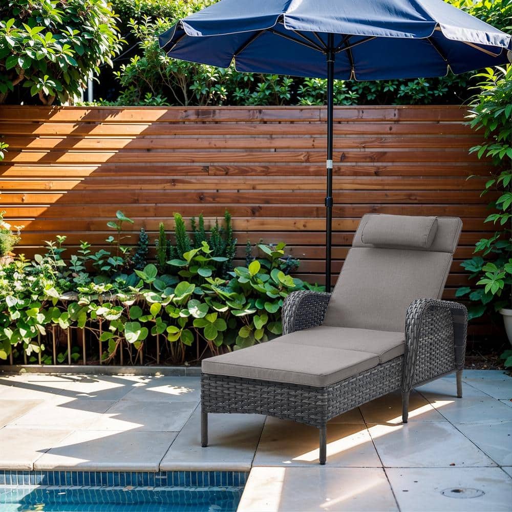 Gymojoy Carolina Gray 1-Piece Wicker Outdoor Chaise Lounge with Gray ...