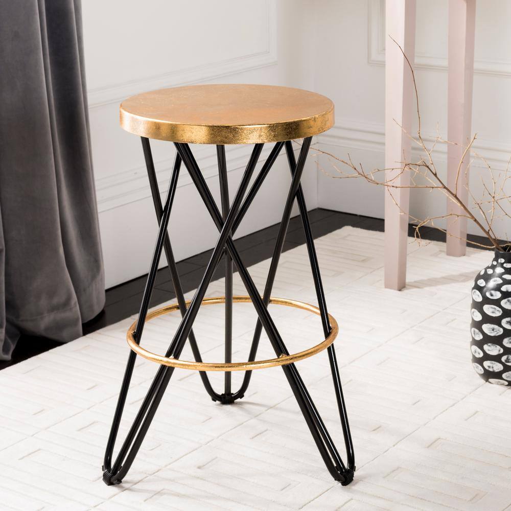Navy and Gold Metal Backless Counter Stool with Hairpin Legs