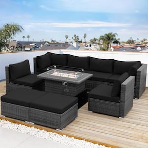 9 Pieces Large Gray Wicker Patio Deep Seating Sectional Sofa Set with Fire Pit Table Black Cushions and Ottomans