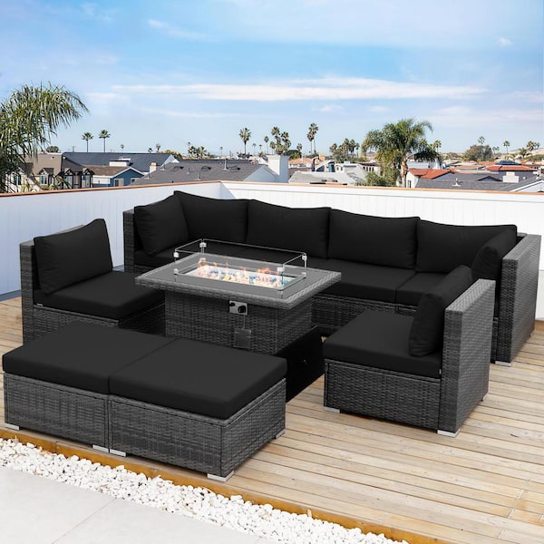 NICESOUL 9 Pieces Large Gray Wicker Patio Deep Seating Sectional Sofa Set with Fire Pit Table Black Cushions and Ottomans