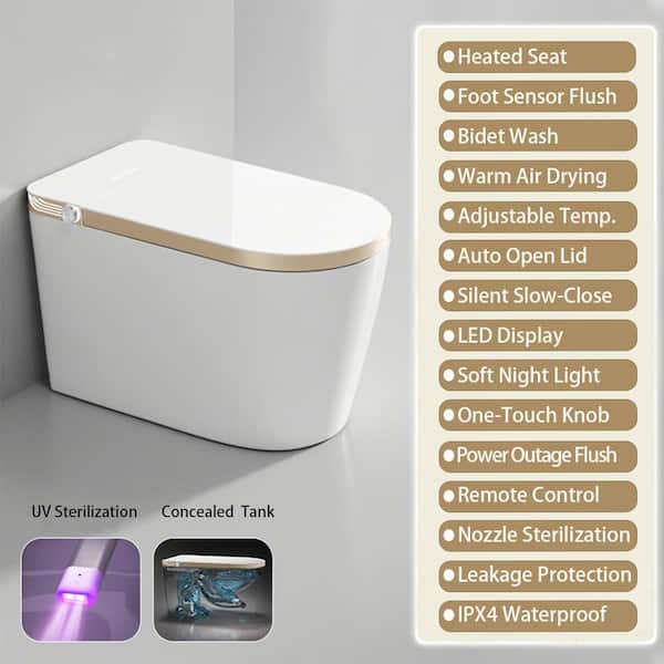 EPOWP One-Piece 1.32 GPF Single Flush Elongated Smart Toilet in White with Seat Heating and Automatic Flush