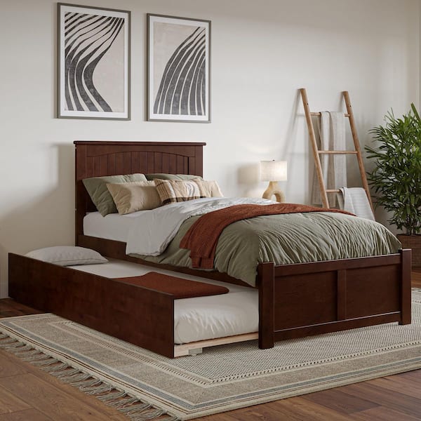 Nantucket Walnut Brown Solid Wood Frame Twin XL Platform Bed with Footboard and Twin XL Trundle