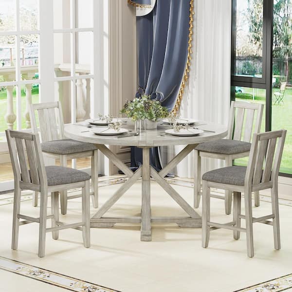 7-Piece Rustic Gray Counter Height Dining Table Set with Foldable Round-to-Square MDF Top Table, Kithcen Table Set for 6