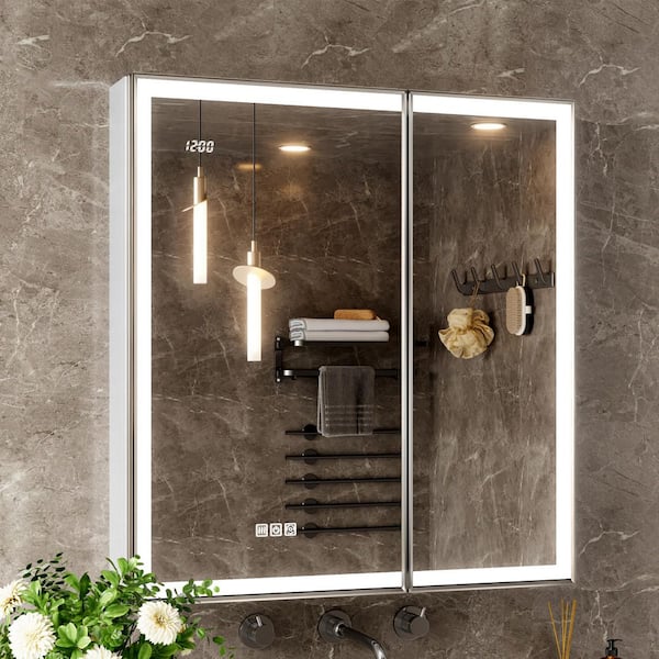 Nova 30 in. W x 32 in. H Rectangular Aluminum Recessed/Wall Mount Dimmable Fogless Lighted Medicine Cabinet with Mirror