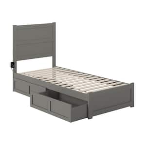 NoHo Grey Twin Extra Long Solid Wood Storage Platform Bed with Footboard and 2 Drawers