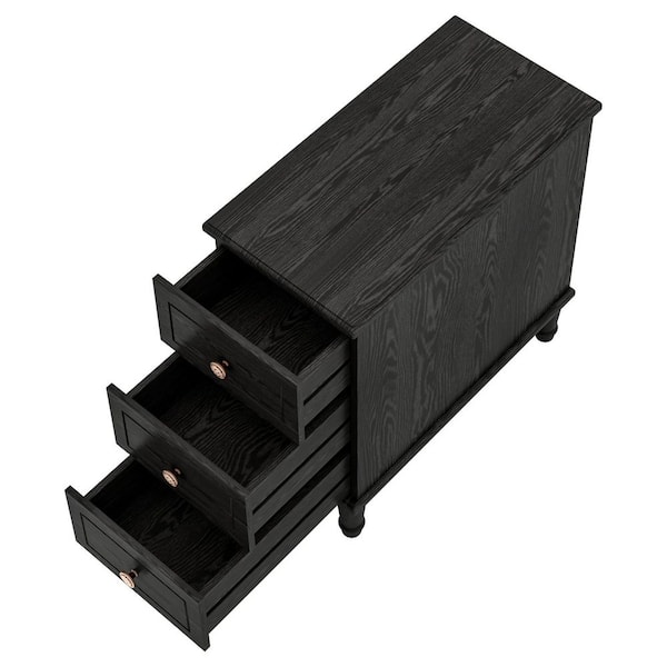 Fnova 25 in. H Solid Wood Black Rectangle End Table with 3 Drawers