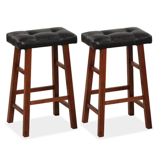 Costway 29 in. Black and Brown Upholstered Barstools Backless Rubberwood Dining Chairs (Set of 2)