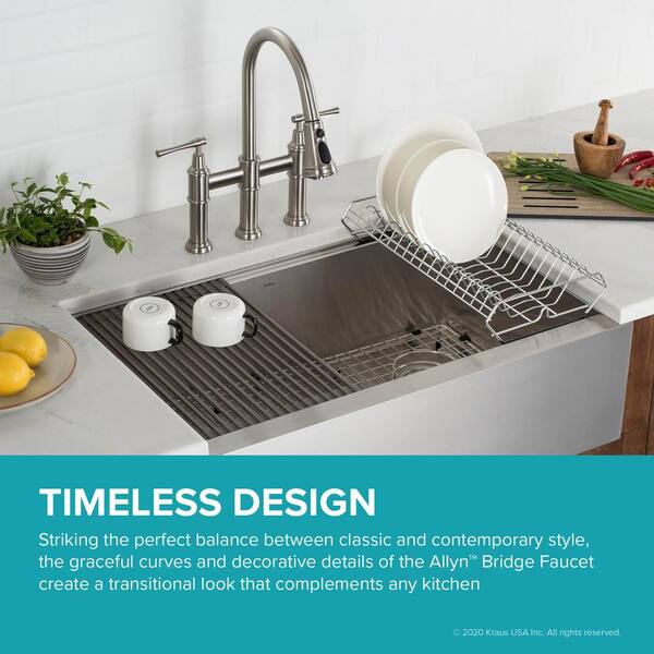 Allyn Transitional 2-Handle Bridge Kitchen Faucet with Pull-Down Sprayhead in Spot Free Stainless Steel Allyn Transitional 2-Handle Bridge Kitchen Faucet with Pull-Down Sprayhead in Spot Free Stainless Steel