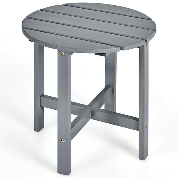 Gymax 18 in. Grey Wooden Round Side End Patio Coffee Table Slat Garden Deck