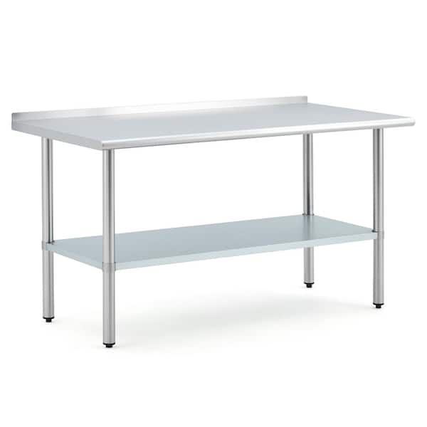Stainless Steel Commercial Work Table with Backsplash – Heavy Duty Prep Bench – Adjustable Undershelf