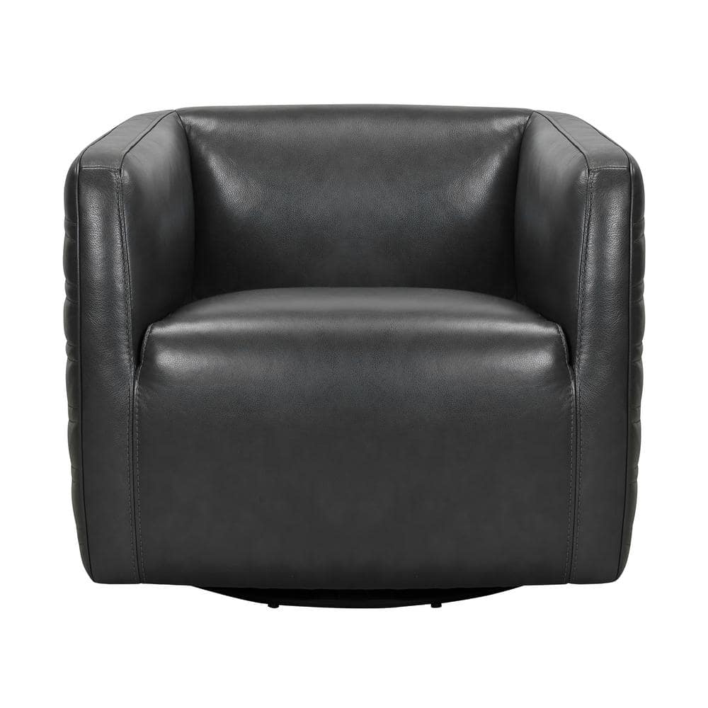 Pewter Leather Swivel Barrel Accent Chair with Wood Frame