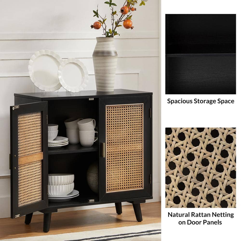 Black Medium Wood Accent Cabinet with Rattan Doors