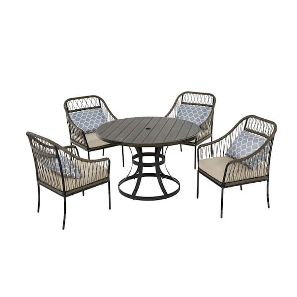 Windy Gray 5-Piece Polywood Wood Circle Standard Height Outdoor Dining Set with 4 Cushion Chairs