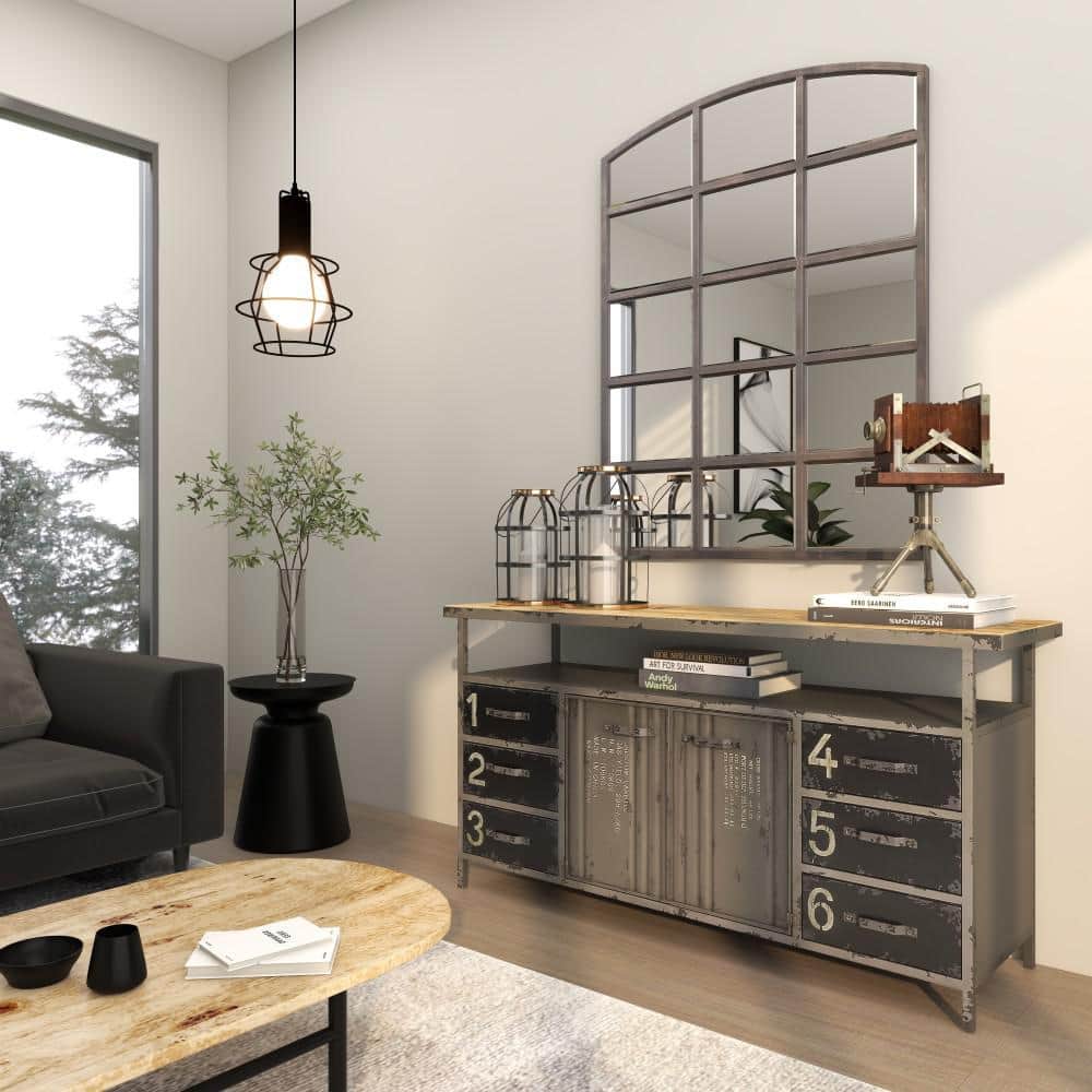 Gray Metal and Wood Industrial Sideboard with Numbered Drawers