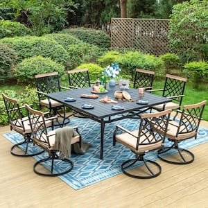 9-Piece Metal Square Outdoor Dining Set with Table and Swivel Chairs with Beige Cushions