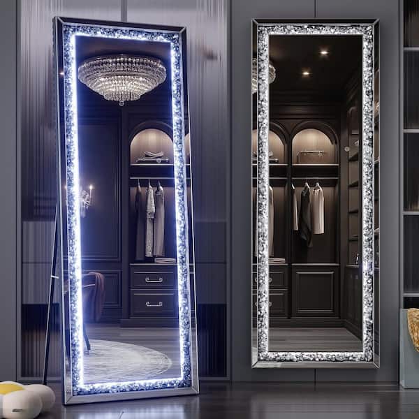Black 22 in. W x 65 in. H Rectangular LED Full Length Mirror with Crystal Crush Diamond Wall Mirror Leaning for Bedroom