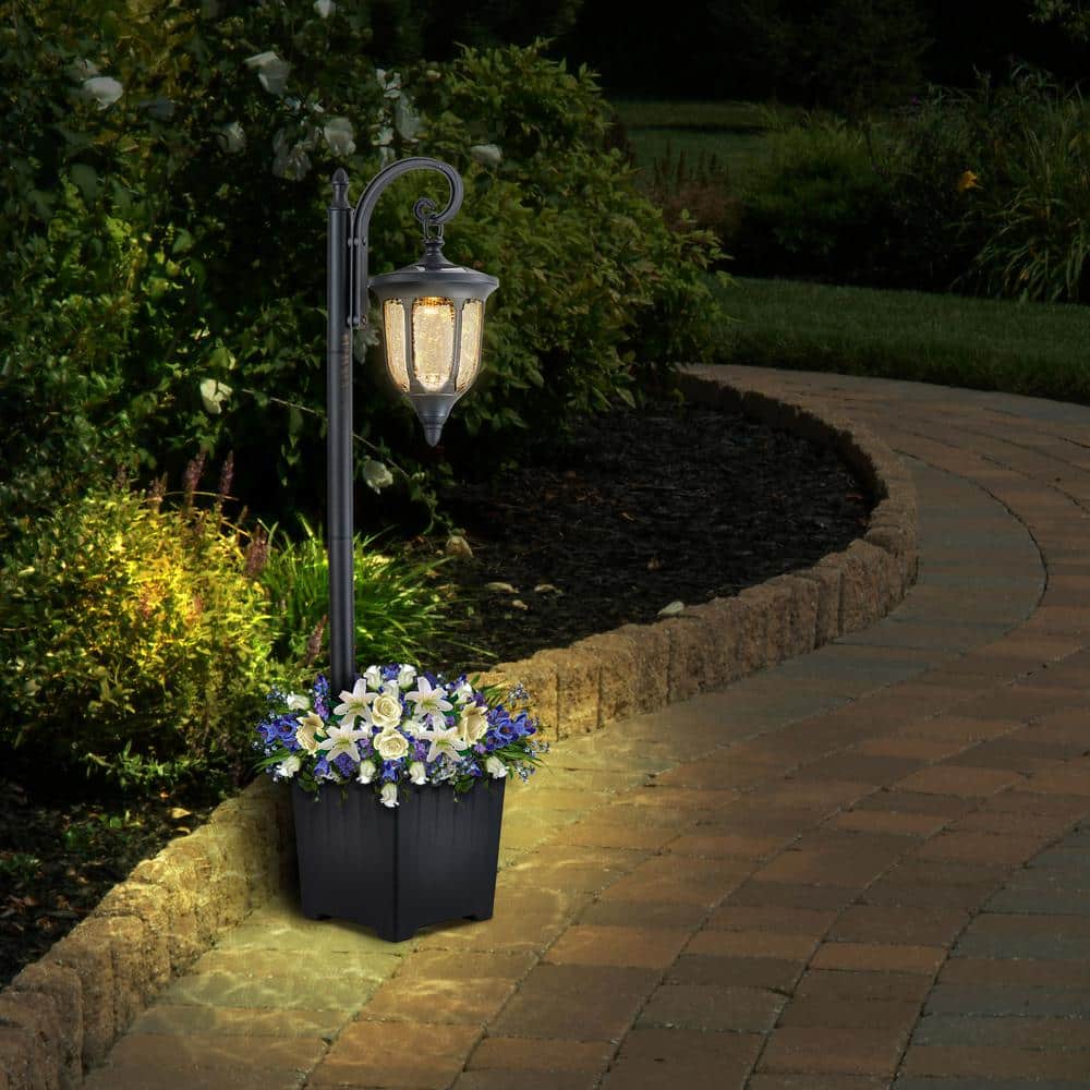 Black Solar Lamp Post with Planter and Crackle Glass Shade
