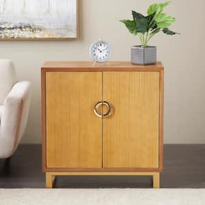Brown Wooden 32 in. 2 Door Geometric Cabinet with Gold Vertical Grooves and Curved Handles