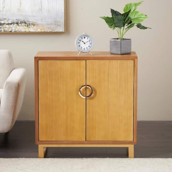 Litton Lane Brown Wooden 32 in. 2 Door Geometric Cabinet with Gold Vertical Grooves and Curved Handles