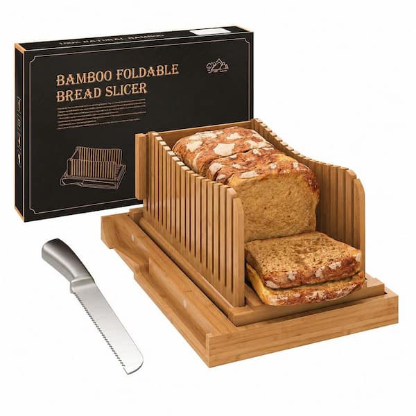 Bamboo Bread Slicer with Serrated Knife, Adjustable Guide for 3 Thickness Sizes, Foldable with Crumb Tray