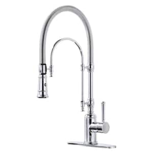 2-Functions Single Handle Gooseneck Pull Down Sprayer Kitchen Faucet with Spring Tube in Solid Brass Polished Chrome