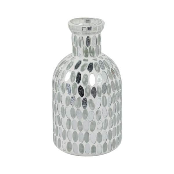 Liv & Skye 8 in. White Glass Round Glam Mosaic Detailing Decorative Vase