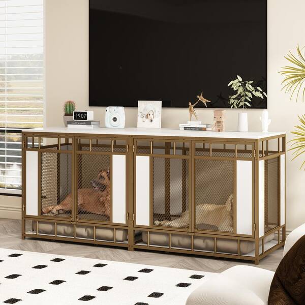 FUFU&GAGA Dog House Large Pet Crate Furniture, Indoor Mesh and Wooden Dog Kennels for 2 Medium or Large Dogs, White and Gold