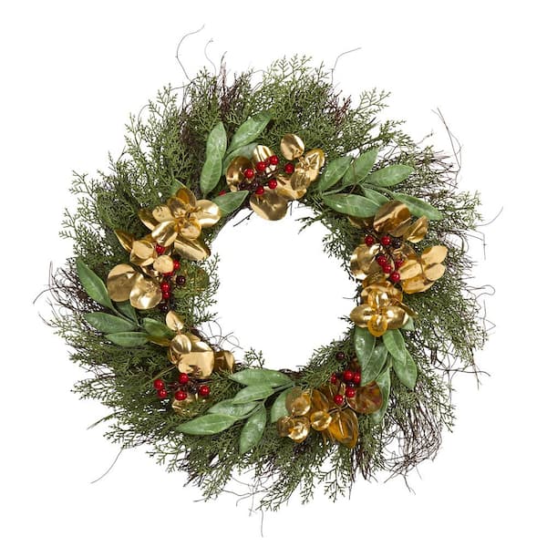 Nearly Natural 20 in. Cedar Ruscus Berries and Golden Eucalyptus Artificial Wreath