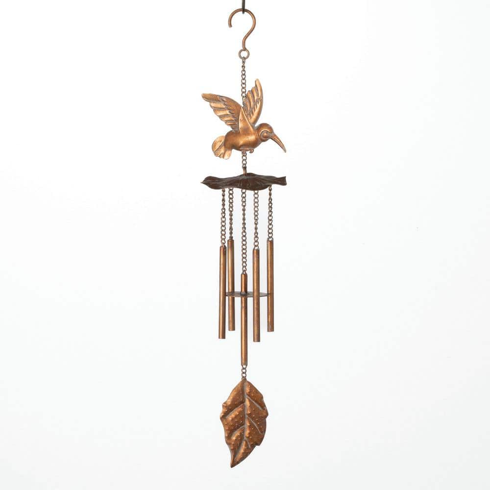 22.5" Bronze Hummingbird Metal Wind Chime with Leaf