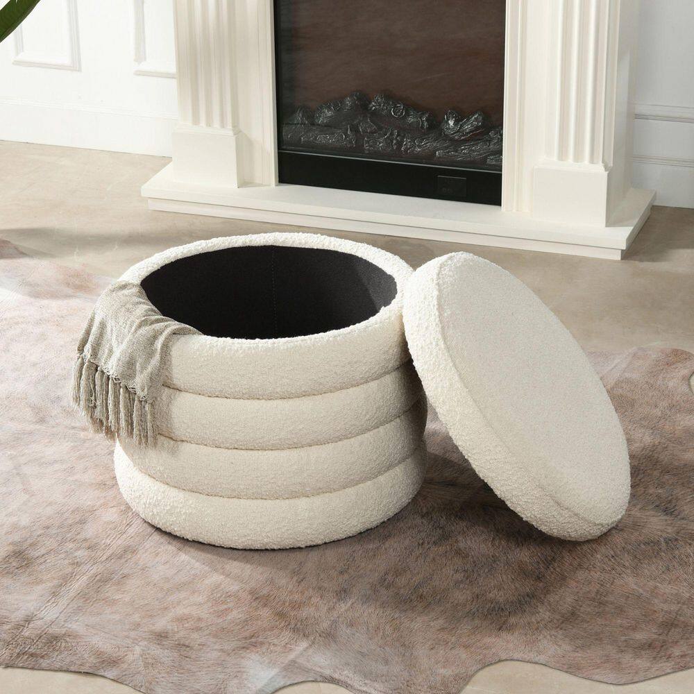 White Velvet Boucle Round Storage Ottoman