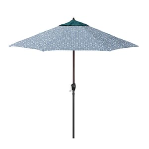 9 ft. Bronze Aluminum Market Patio Umbrella with Crank Lift and Autotilt in Petrol and Palmetto Azure Pacifica Premium