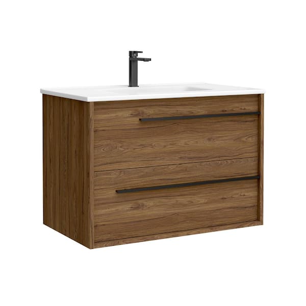 WS Bath Collections Lotus 32.0 in. W Single Basin Wall Mounted Bath Vanity in Walnut with Ceramic White Top
