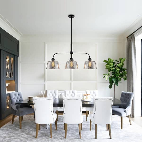 39 in. 3-Light Modern Matte Black Linear Chandelier with Textured Glass Shades for Kitchen Island