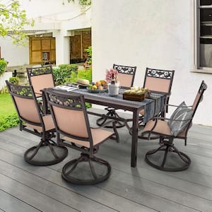 Dark Brown 7-Piece Aluminum Patio Dining Set with High Back Swivel Chairs, Umbrella Hole with Powder Coat Paint