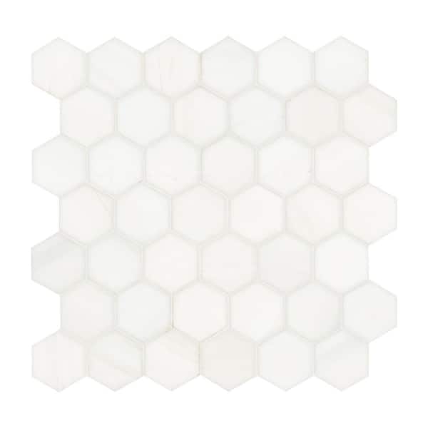 Bianco Dolomite Hexagon 12 in. x 13 in. Polished Marble Mesh-Mounted Floor and Wall Tile (9.8 sq. ft./Case)