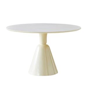 Modern Style Round White Laminate Rock Stone Top 51.18 in. White Glass-Reinforced Plastic Pedestal Dining Table 4 Seats