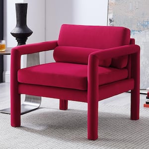 Calypso Pink Velvet Ribbed Accent Oak Arm Chair with Metal Frame
