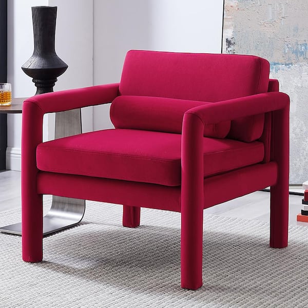 Art Leon Calypso Pink Velvet Ribbed Accent Oak Arm Chair with Metal Frame