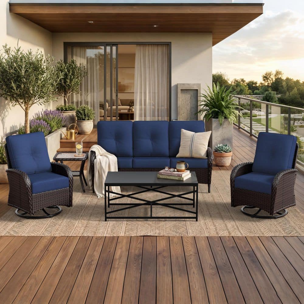 5-Piece Outdoor Patio Furniture Set with 3 Seat Sofa, 2 Swivel Rocking Chairs and Blue Cushions price history on PriceWatchPro