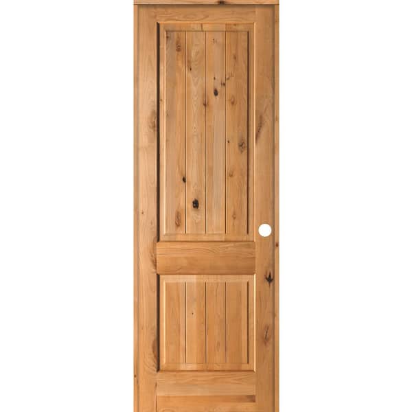 Krosswood Doors 32 in. x 96 in. Knotty Alder 2 Panel Left-Hand Square Top V-Groove Clear Stain Solid Wood Single Prehung Interior Door