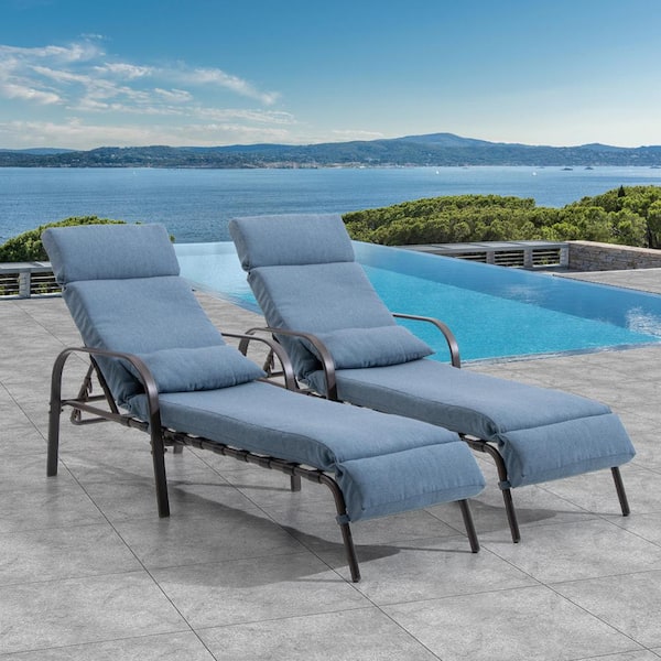 Crestlive Products 2-Piece Metal Adjustable Outdoor Chaise Lounge with Dark Blue Cushions